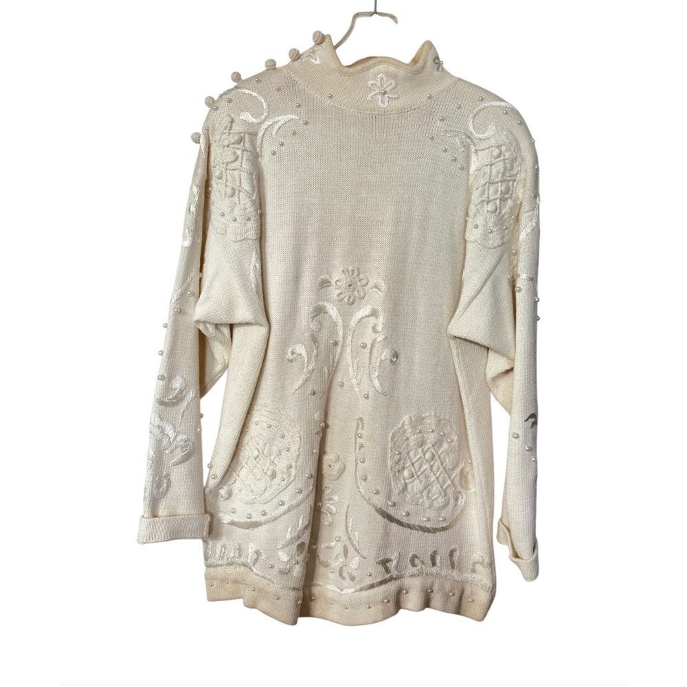 Marisa Christina Lisa Nichols Vintage Ivory Embroidered Pearl Mock Neck Sweater